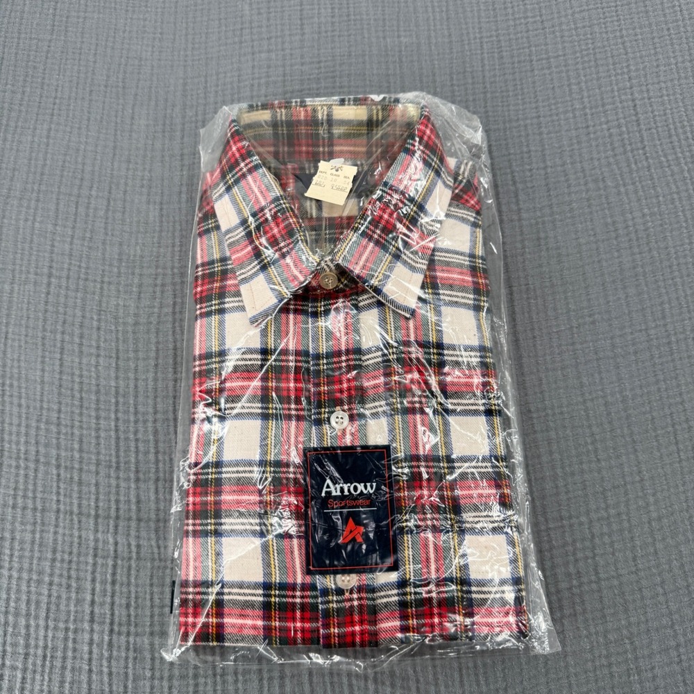Vintage New Arrow Plaid Flannel Shirt Deadstock 80s Made Hong Kong Outdoors Work